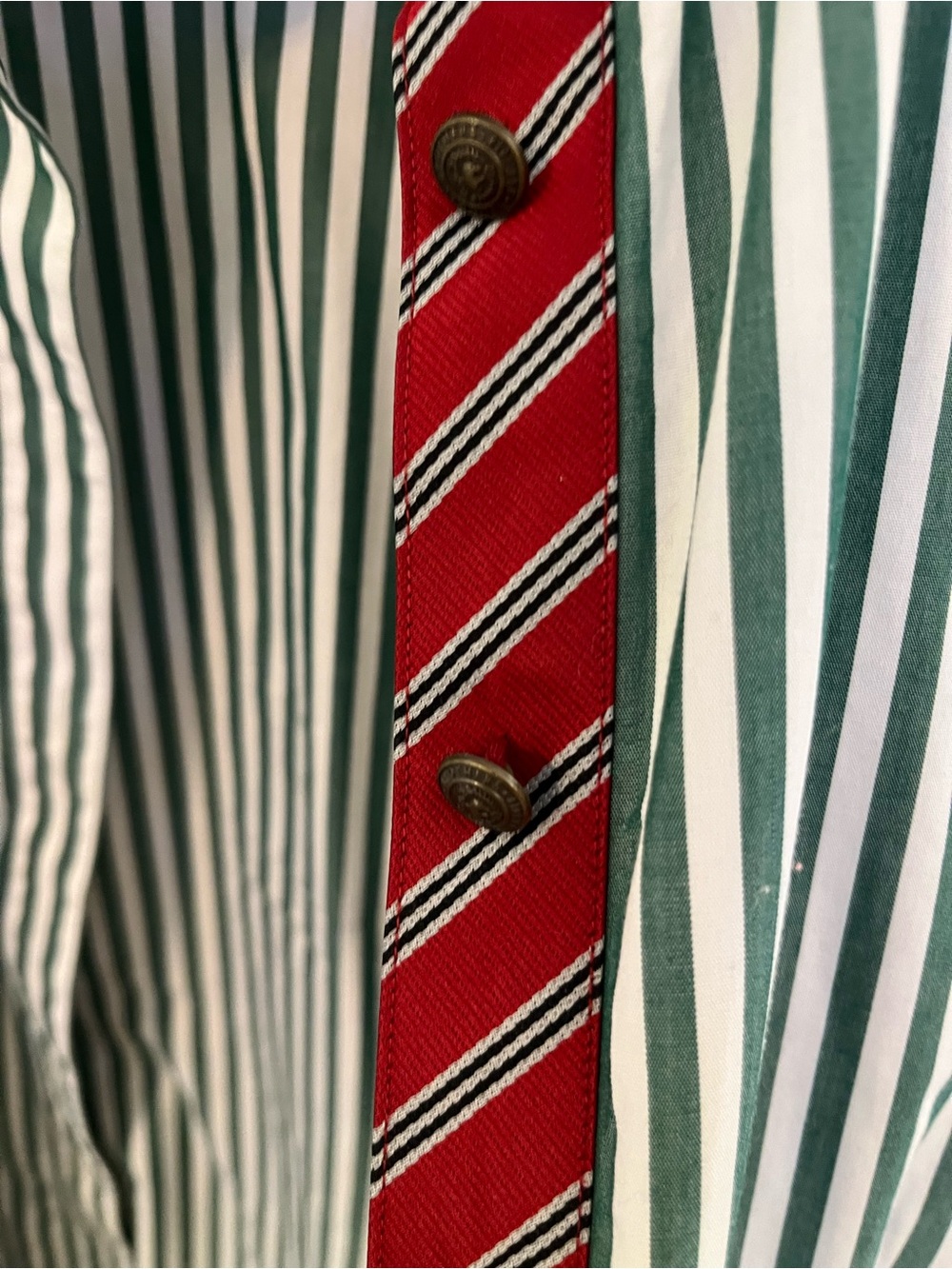 Women’s Green and White Striped Button-Up Shirt with Red Contrast Trim - Picture 2 of 7